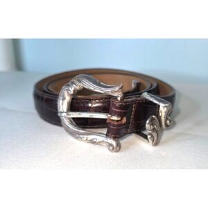 Vintage Coldwater Creek XL Brown Embossed Leather Belt Western Silver Buckle USA
